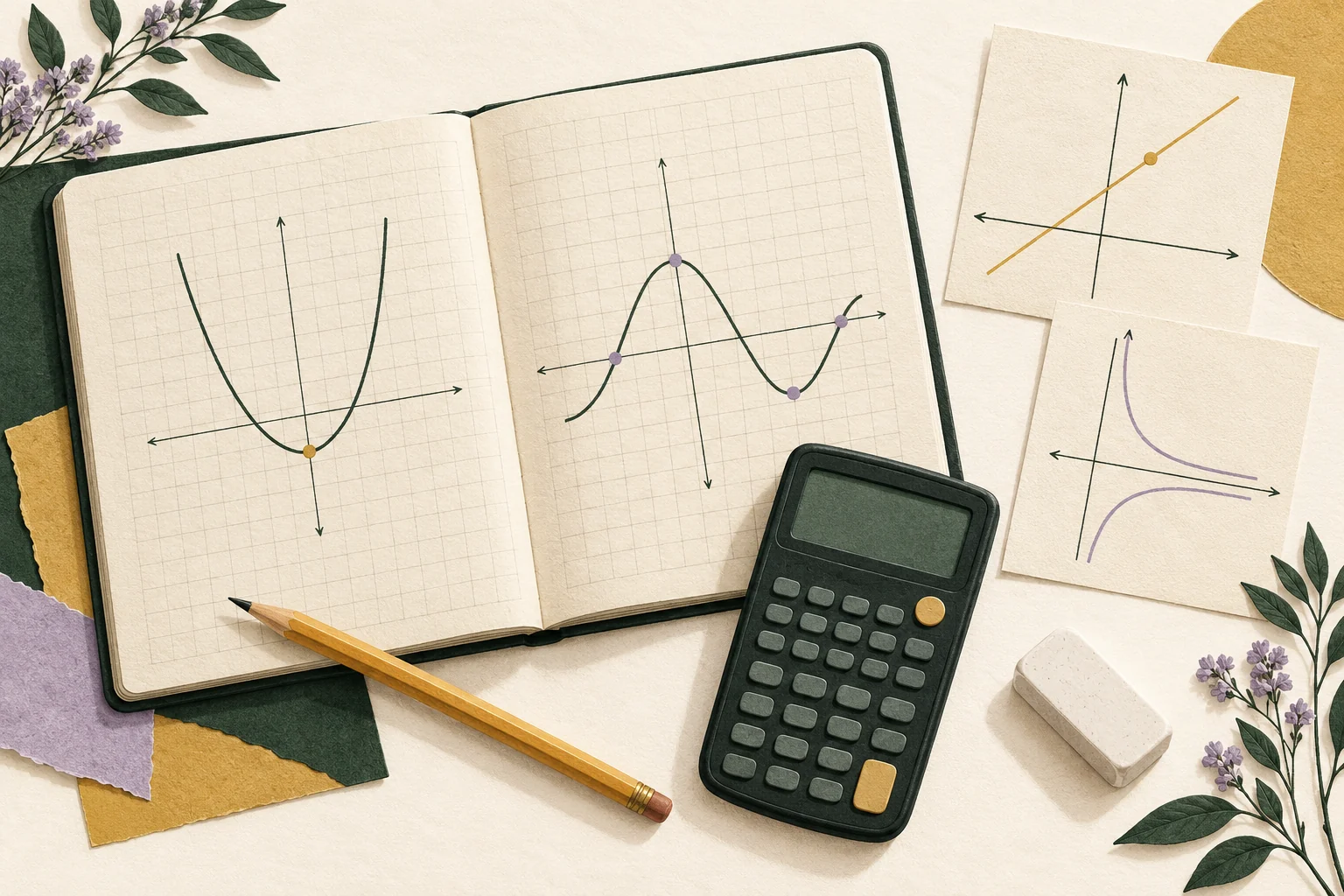 An editorial illustration of a calculator beside graph paper and a pencil.