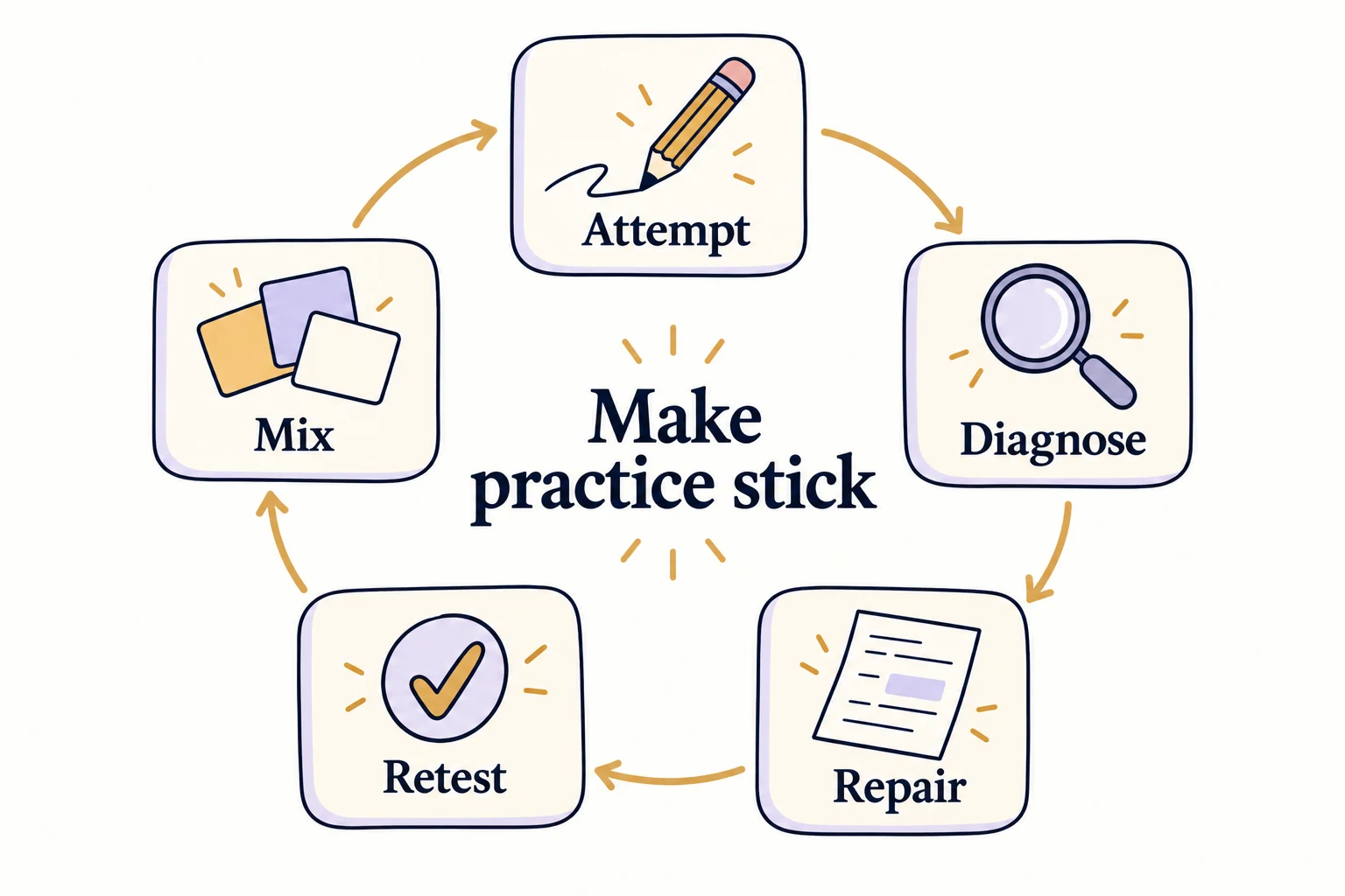 Five-stage study cycle: attempt, diagnose, repair, retest, and mix.