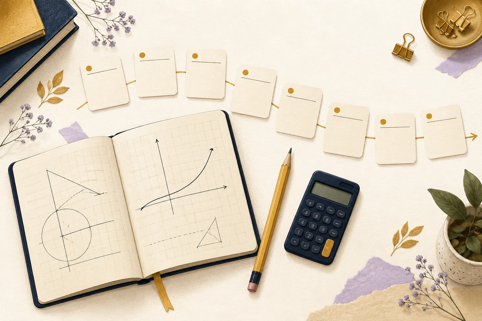 Editorial illustration of a notebook, practice cards, calculator and an eight-week study path.