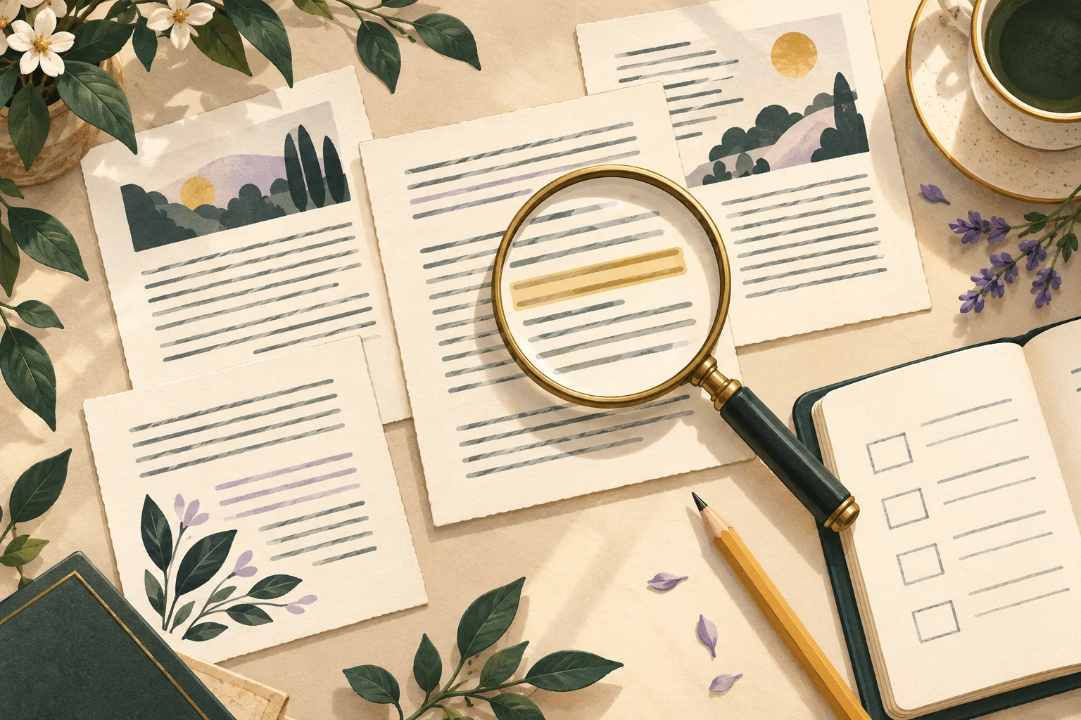 Editorial illustration of short reading cards, a pencil and an open notebook.