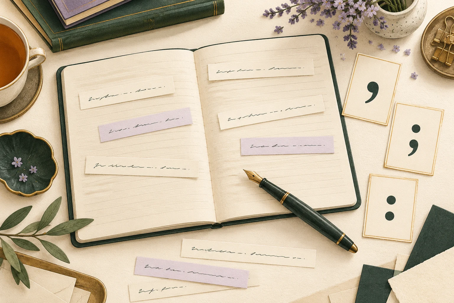 Editorial illustration of sentence strips, punctuation cards and a marked notebook.