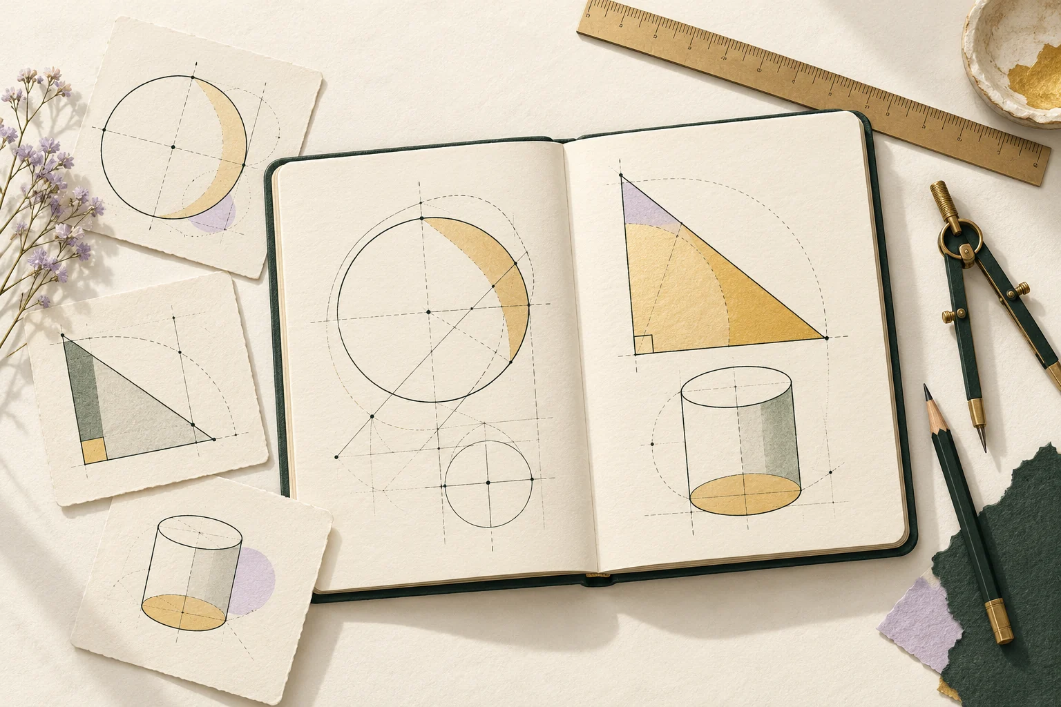 Editorial illustration of formula cards, geometry sketches and an open notebook.